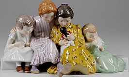 Meissen W166 Figural Group of Four kids with a doll on a bench by Hentschel