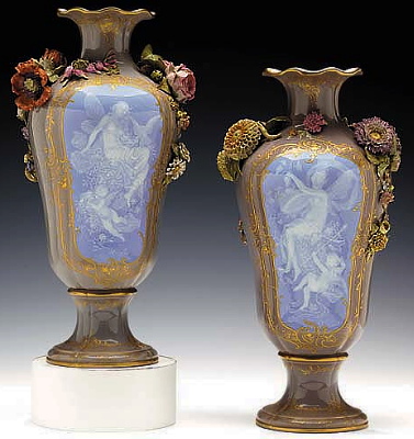 Pair of Meissen pate-sur-pate vases with applied flowers
