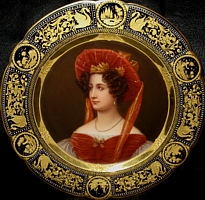 At 20, she was invited by King Ludwig to model for Stieler so that aristocrats might also be included in the collection and raise its value in the eyes of the public, by portraying women of all social classes. She wears an Italian renaissance costume to emphisize her Italian background.