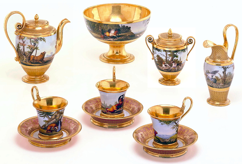 Sevres porcelain service made for Prince William of Prussia. Painted with Fontaine's fables scenes.