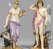 Meissen figures M176 Psyche with dogs and M180 Cupid with doves